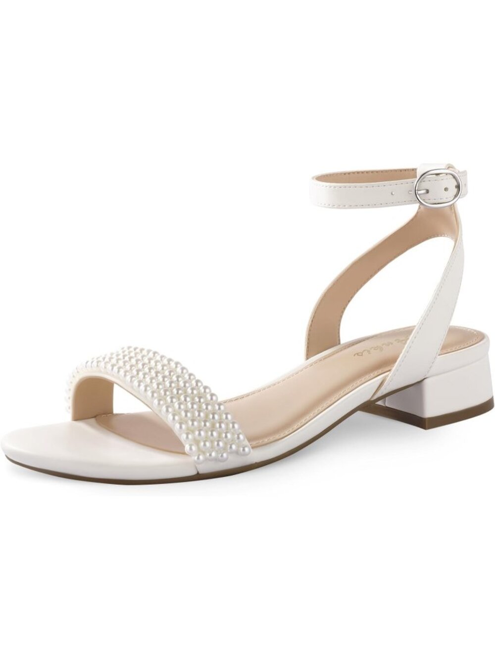 Women's White Pearl Strappy Open Toe Sandal Low Block Heel Flat Ankle Strap Shoe